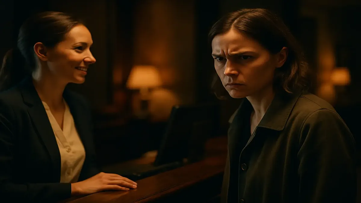 व्यस्त फ्रंट डेस्क पर एक महिला ने गंभीरता से देखा, जो इंतजार और धैर्य की समस्याओं को दर्शाता है।