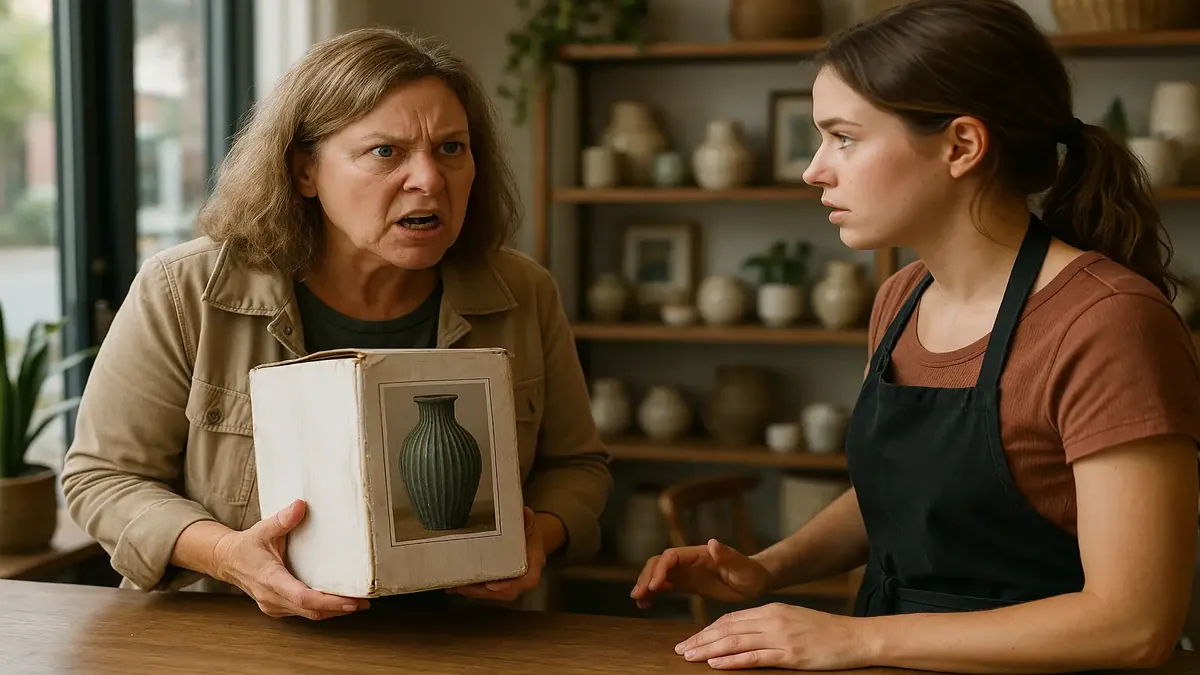 रसीद के बिना एक ग्राहक एक सजावटी फूलदान लौटाने की कोशिश कर रही है, उसे निराशा का अनुभव हो रहा है।