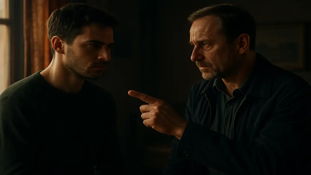 एक आधुनिक जर्मन शहर में एक निराश यात्री का एयरबीएनबी मेज़बान से सामना करने का सजीव दृश्य।