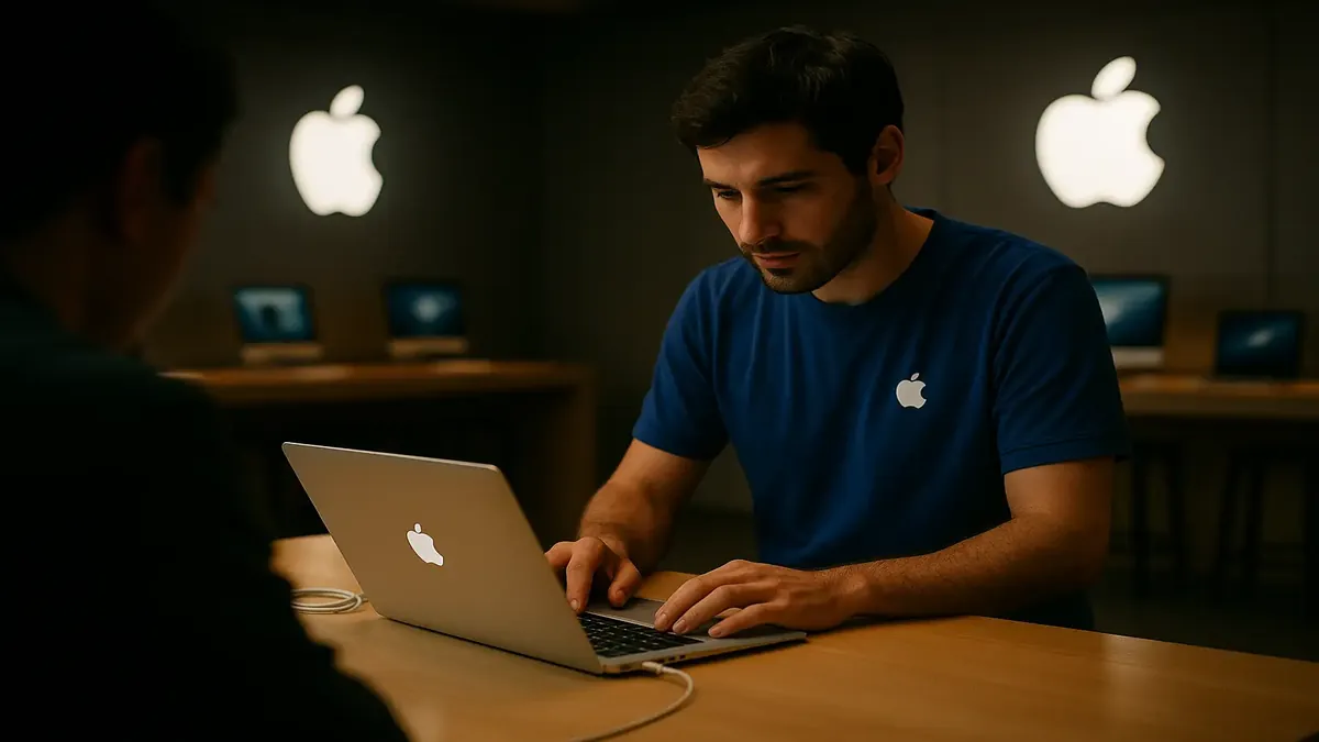 2009 में एप्पल स्टोर में ग्राहक की मदद करते केविन, एकल यूएसबी पोर्ट वाला मैकबुक एयर।