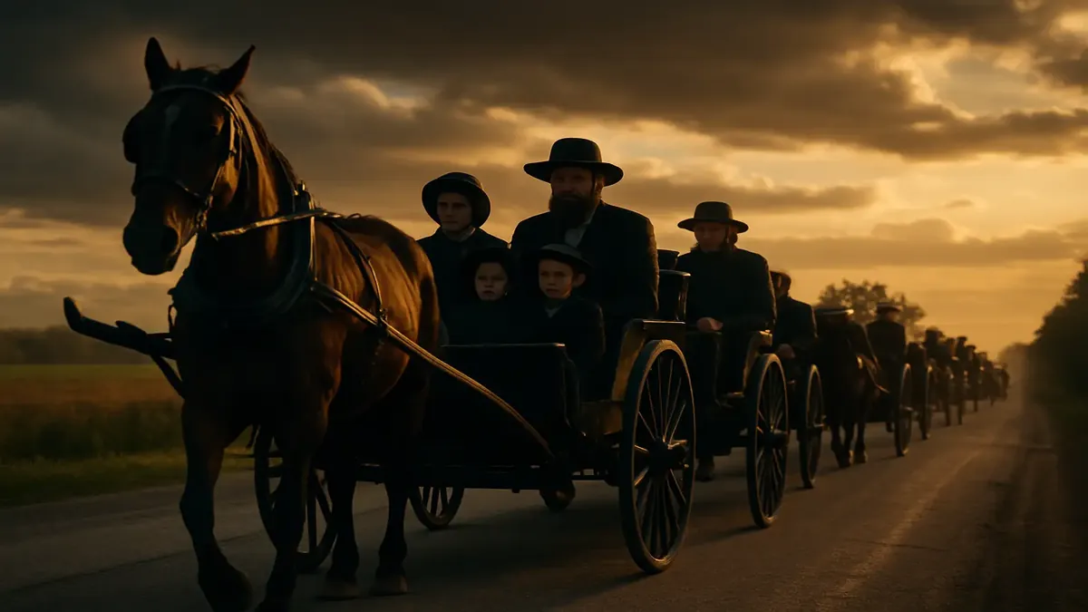 अल्बर्टा से मेक्सिको की ओर यात्रा करते मेनोनाइट्स का सिनेमाई दृश्य।