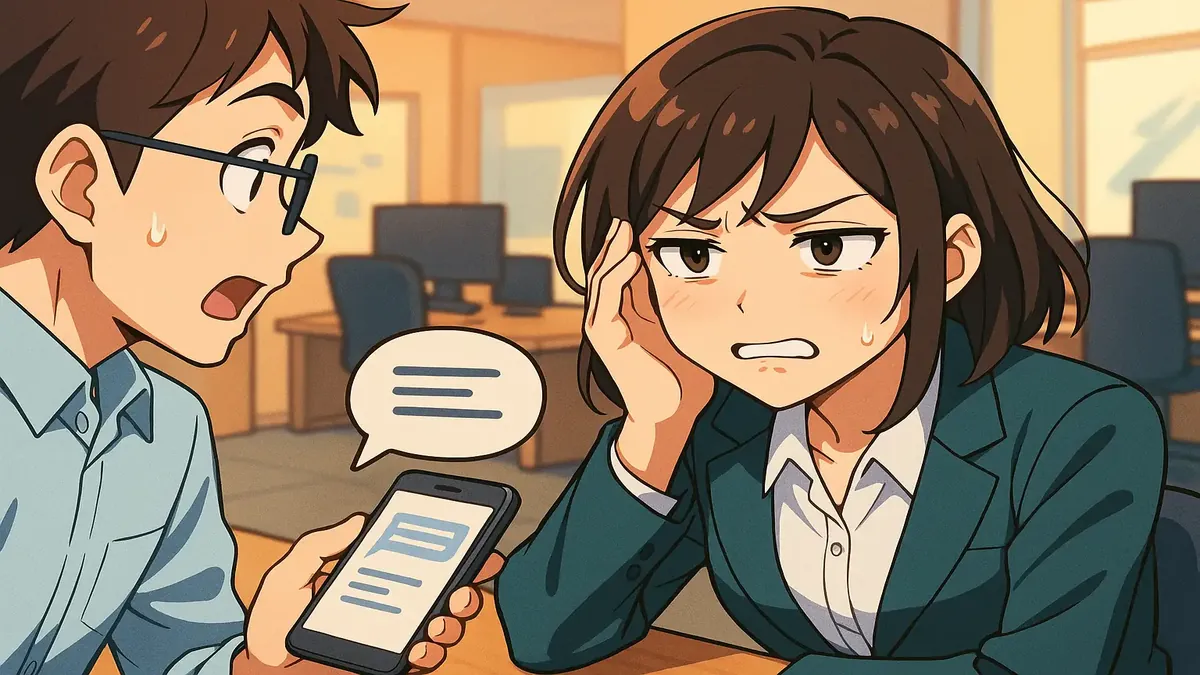 एक एनीमे चित्रण जिसमें एक यूजर समर्थन कॉल के दौरान चैटबॉट के उत्तरों से अभिभूत दिख रहा है।