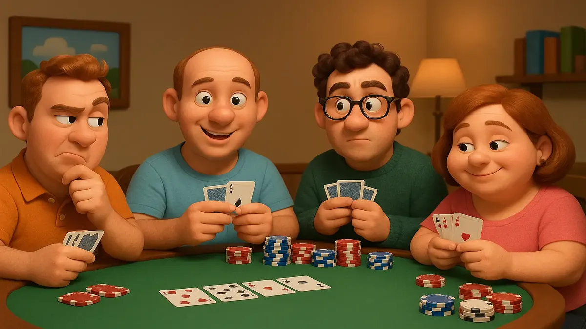 मित्रवत लेकिन संदिग्ध पोकर खेल का कार्टून-3D चित्रण, मेज पर खिलाड़ी, चिप्स और कार्ड के साथ।
