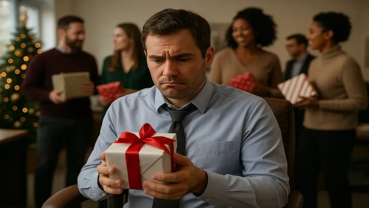 सफेद हाथी पार्टी में उपहारों का आदान-प्रदान करते कार्यालय के कर्मचारी, उत्सव के माहौल और टीम की गतिशीलता को दर्शाते हुए।