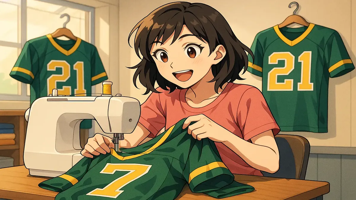 कक्षा में फुटबॉल जर्सी की रचनात्मक मरम्मत का एनिमे चित्रण, शिल्प कौशल को उजागर करते हुए।
