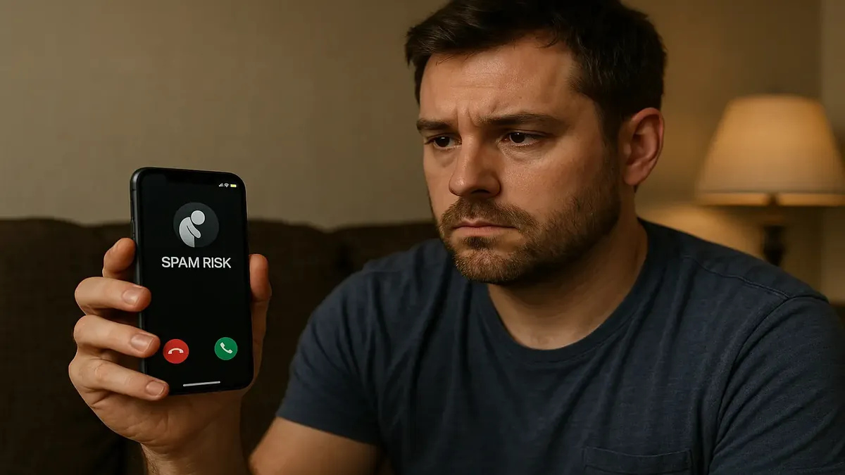 एक निराश व्यक्ति मजेदार रिंगटोन से स्पैम फोन कॉल्स को ब्लॉक कर रहा है।
