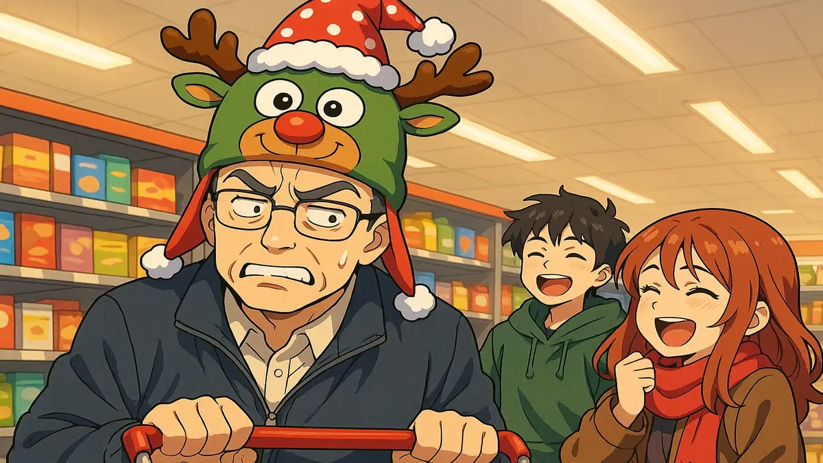 क्रिसमस की प्रतिशोध और छुट्टियों के शरारतों का प्रतीक, एनिमे-शैली में एक विचित्र टोपी का चित्रण।