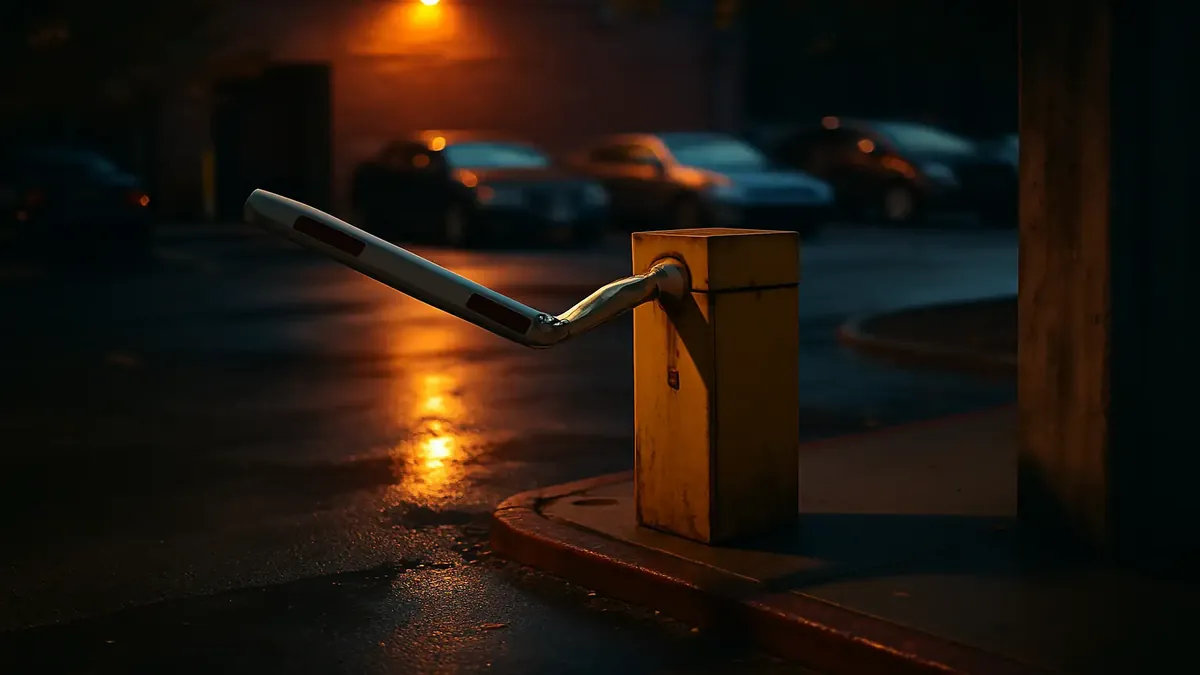 पार्किंग लॉट के प्रवेश द्वार की बाहरी तरफ मुड़ी हुई भुजा, अराजकता और तोड़फोड़ को उजागर करती है।