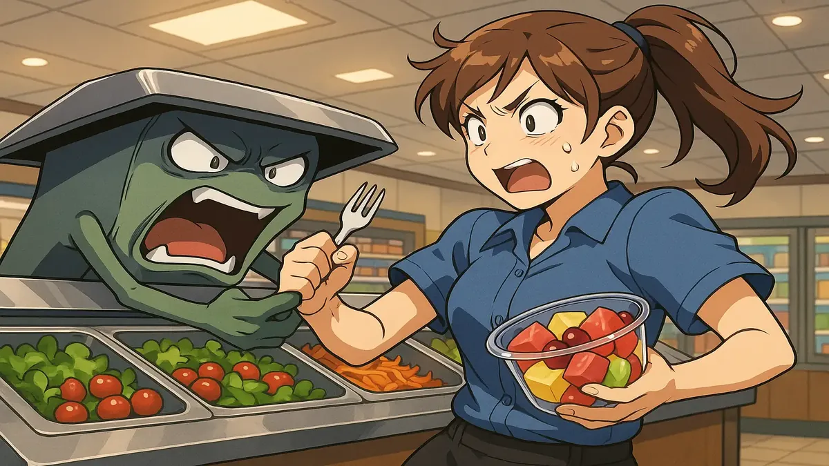 रंग-बिरंगे फलों और एक कांटे के साथ सलाद बार का एनिमे चित्रण, दोपहर के खाने की हलचल को दर्शाता है।