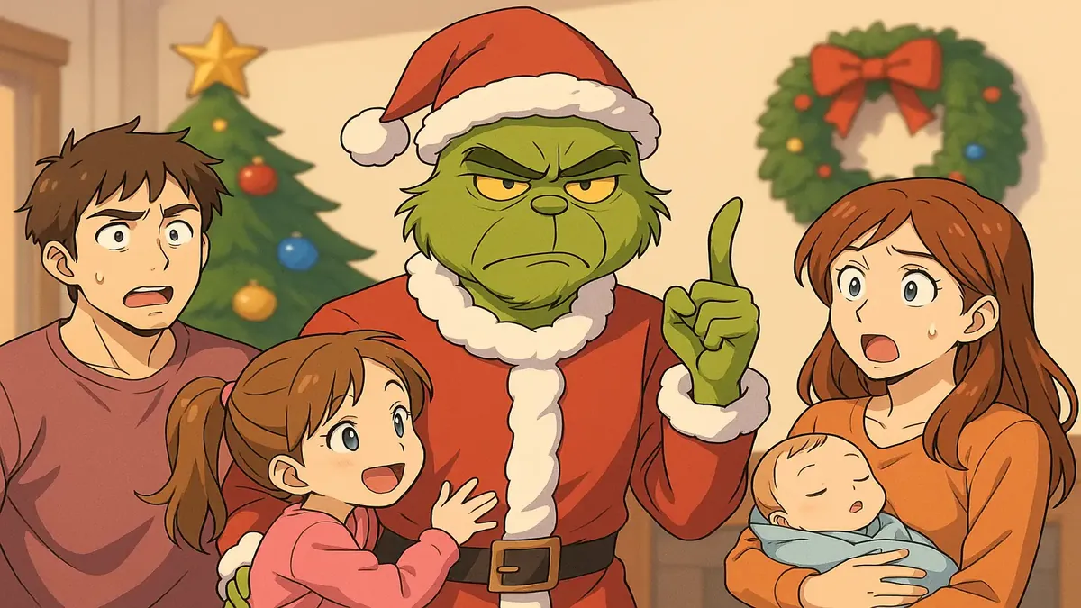 छुट्टियों के दौरान परिवार की सभा का एनीमे चित्रण, विविध भावनाओं और गतिशीलताओं को दर्शाता है।