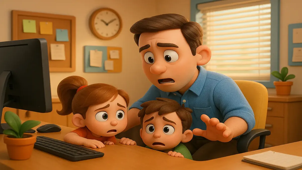 दो डरे हुए बच्चों का कार्टून-3डी चित्र, जो कार्यालय में छिपे हुए हैं, बचपन की रोमांचक यादों को दर्शाता है।