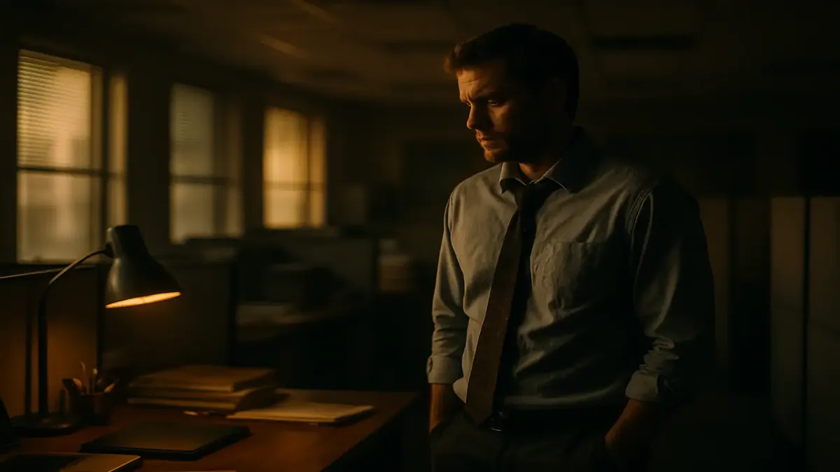 ऑफिस में अपने अंतिम दिन एक आदमी द्वारा सामान पैक करते हुए, उसकी बिक्री यात्रा पर विचार करते हुए।