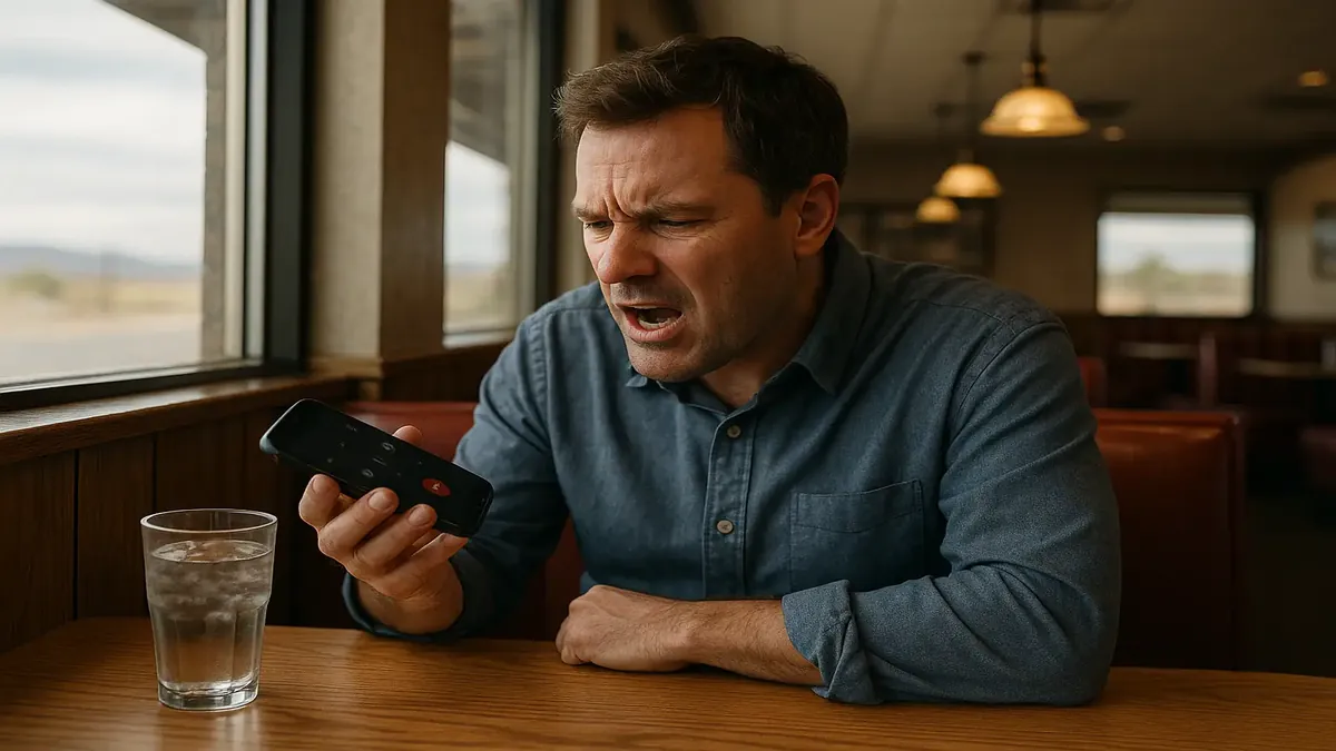 ग्रामीण यूटा के एक शांत डैनीज़ में दो सहकर्मी लंच का आनंद लेते हुए।