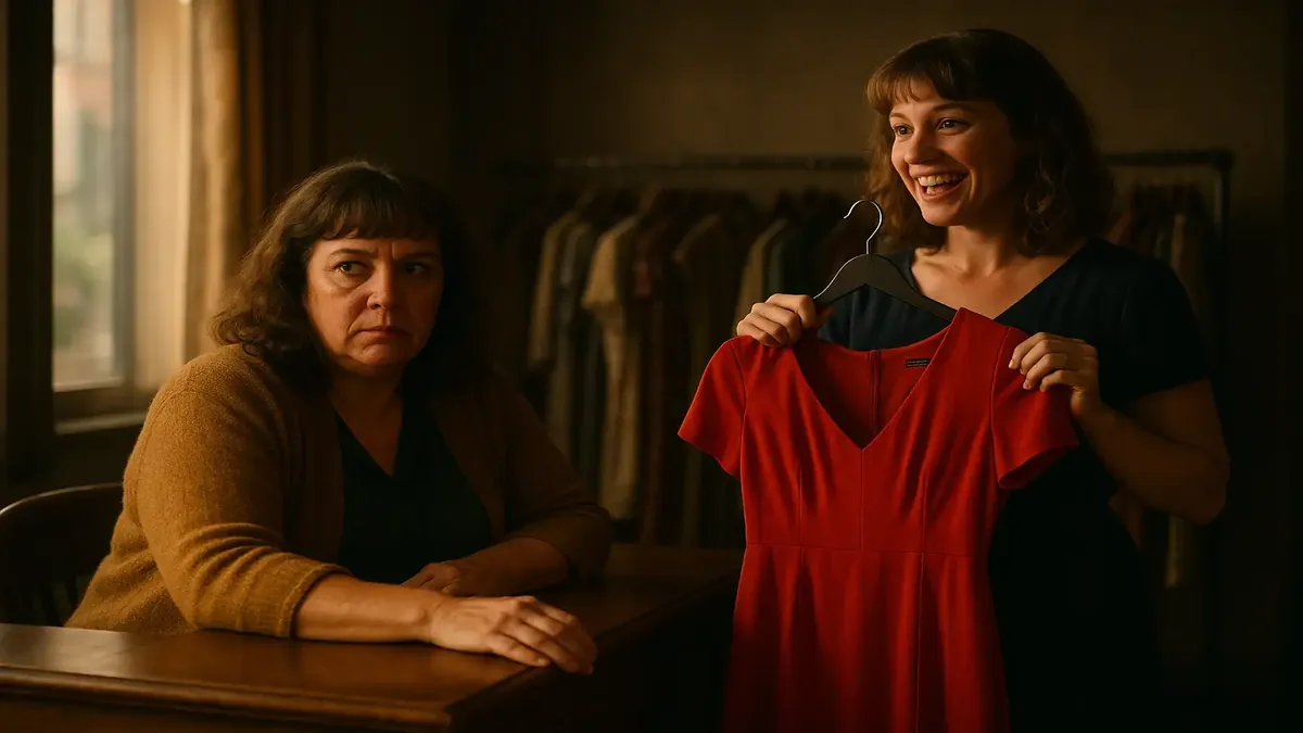 एक सिनेमाई दृश्य जिसमें एक महिला एक ड्रेस खरीदने के बारे में सोचती हुई, जीवंत रंगों और भावनाओं को दर्शाती है।