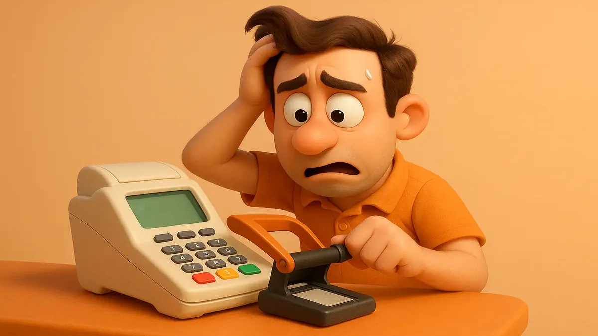 रेस्तरां में डेबिट कार्ड भुगतान समस्या से परेशान व्यक्ति का कार्टून-शैली का चित्रण।