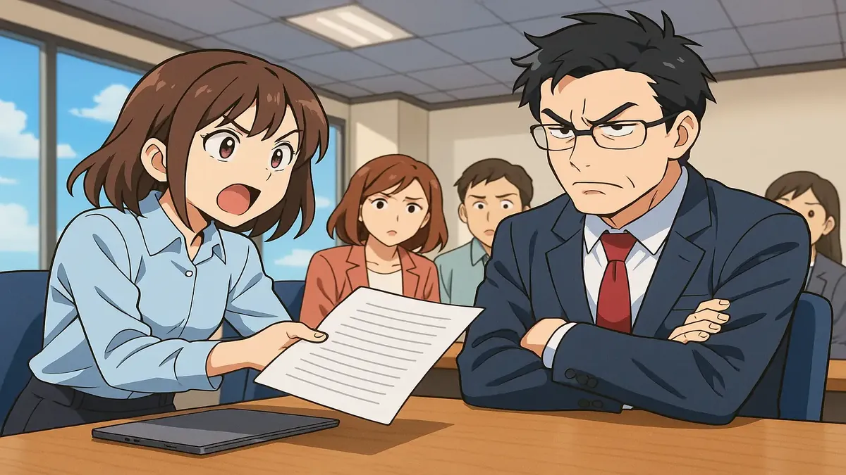 कार्यस्थल पर सख्त अनुमोदन प्रक्रियाओं से जूझता एक निराश कर्मचारी का एनीमे चित्रण।