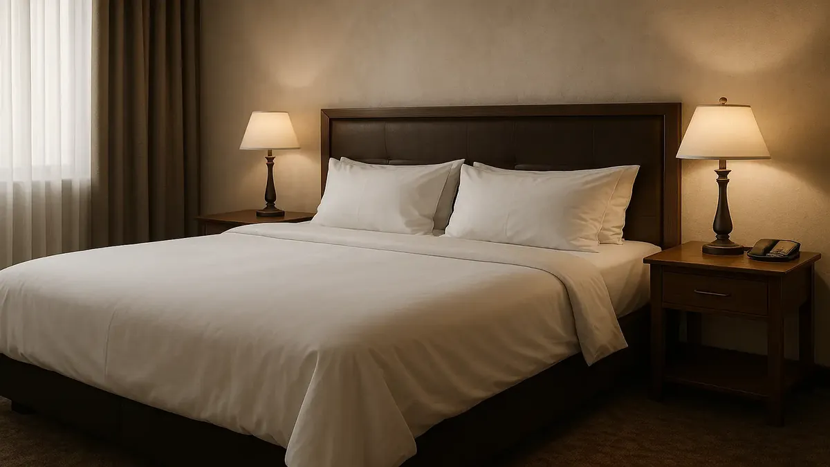 मेहमान होटल चेक-इन पर किंग बिस्तर के दृश्य में अपने खोए हुए रिजर्वेशन पर निराश हैं।