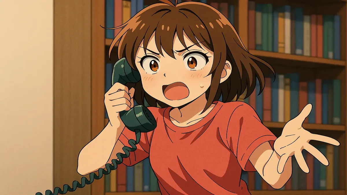 एक पुरानी फोन की एनिमे चित्रण, पुस्तकालय की पृष्ठभूमि के साथ, बचपन की यादों और अप्रत्याशित कॉल्स को दर्शाता है।