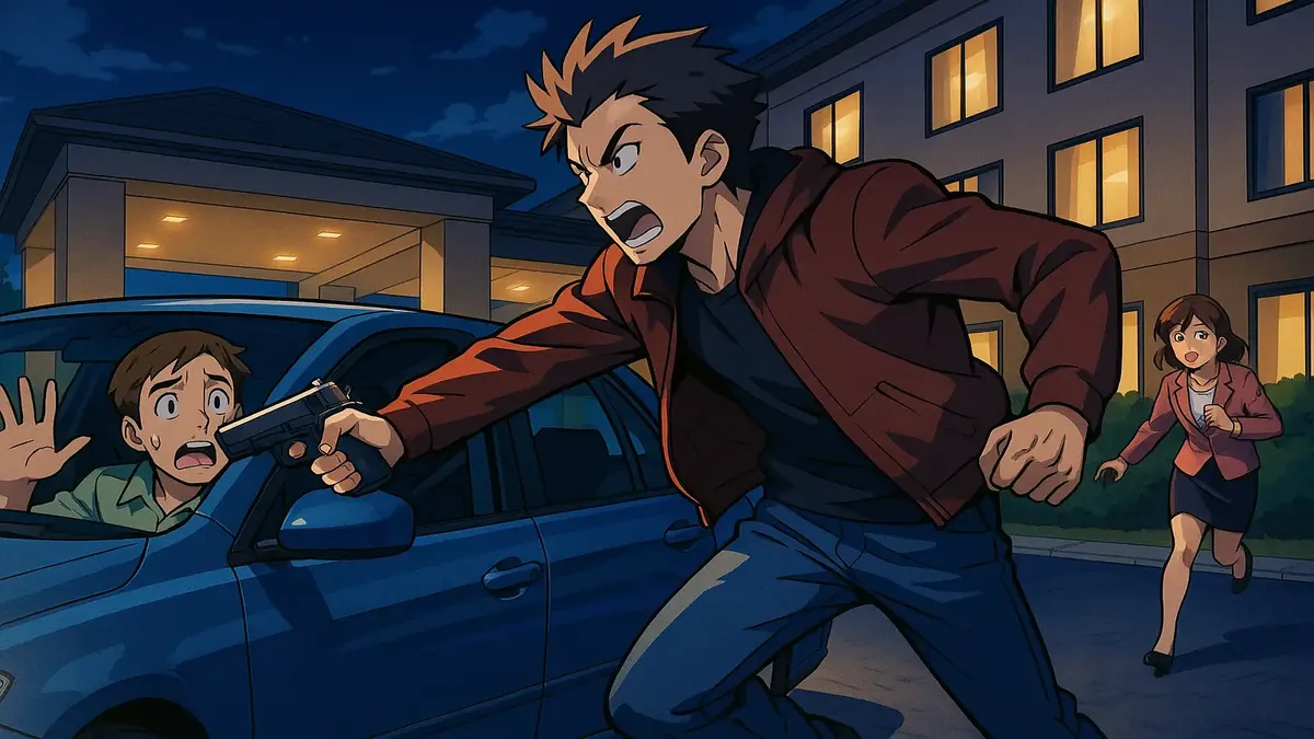 ग्रैंड थेफ्ट ऑटो-थीम वाले ब्लॉग पोस्ट के लिए होटल में देर रात की कार आगमन का एनीमे-शैली चित्रण।