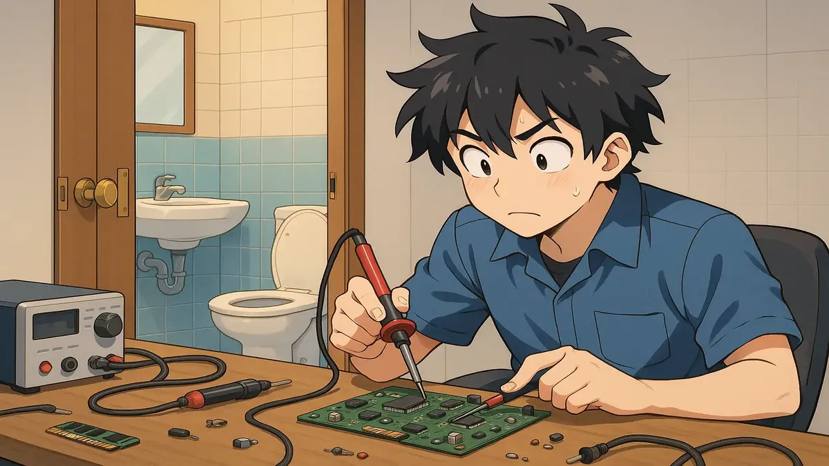 एक तंग इलेक्ट्रॉनिक्स मरम्मत की दुकान की एनिमे चित्रण, पास में एक छोटा बाथरूम, नए स्थान के लिए अपग्रेड को उजागर करता है।