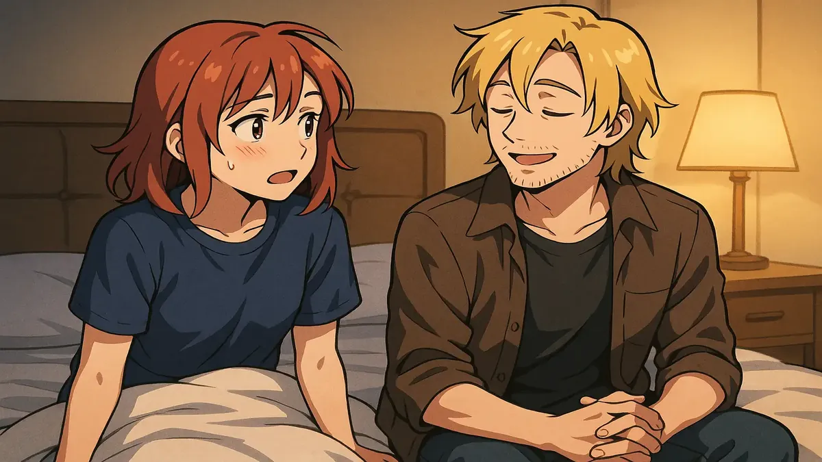 एक एनीमे-शैली की चित्रण जिसमें एक बैंड को एक गर्मजोशी से स्वागत करने वाले आरामदायक गेस्टहाउस में दिखाया गया है।