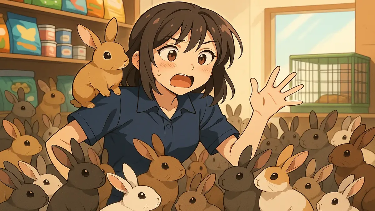 पालतू जानवरों की दुकान का एनीमे चित्रण, जिसमें बिल्लियों के ट्रीट्स और छोटे जानवरों का खाना है, खरगोशों और पालतू देखभाल को उजागर करता है।