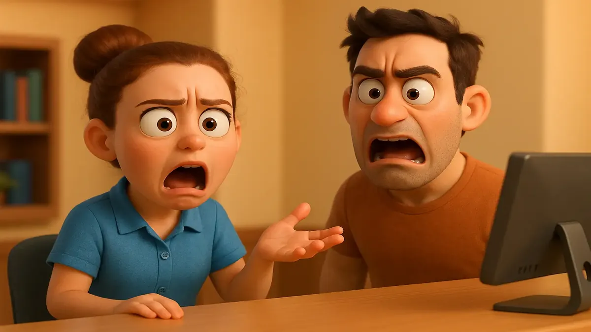 होटल के डेस्क पर आश्चर्यचकित रिसेप्शनिस्ट के साथ एक गंदे मेहमान की घटना का कार्टून-3D चित्र।