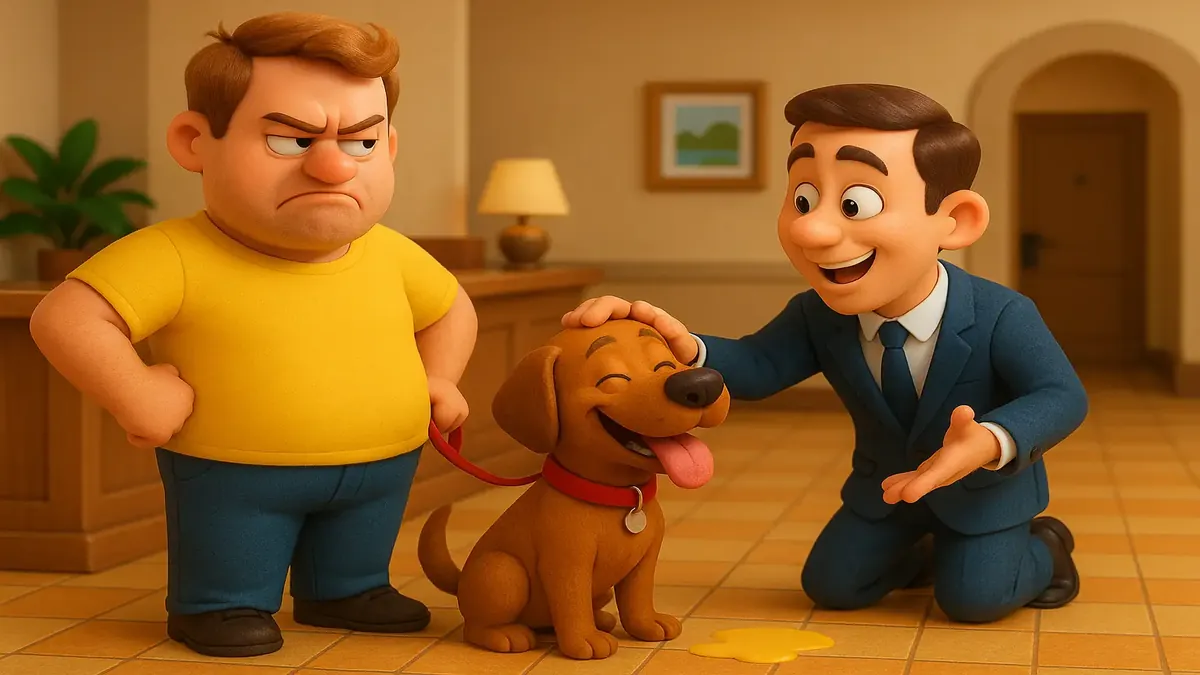 एक दोस्ताना कुत्ते का कार्टून 3D चित्र, जो पालतू जानवरों के अनुकूल होटल में मेहमानों का उत्साह से स्वागत कर रहा है।