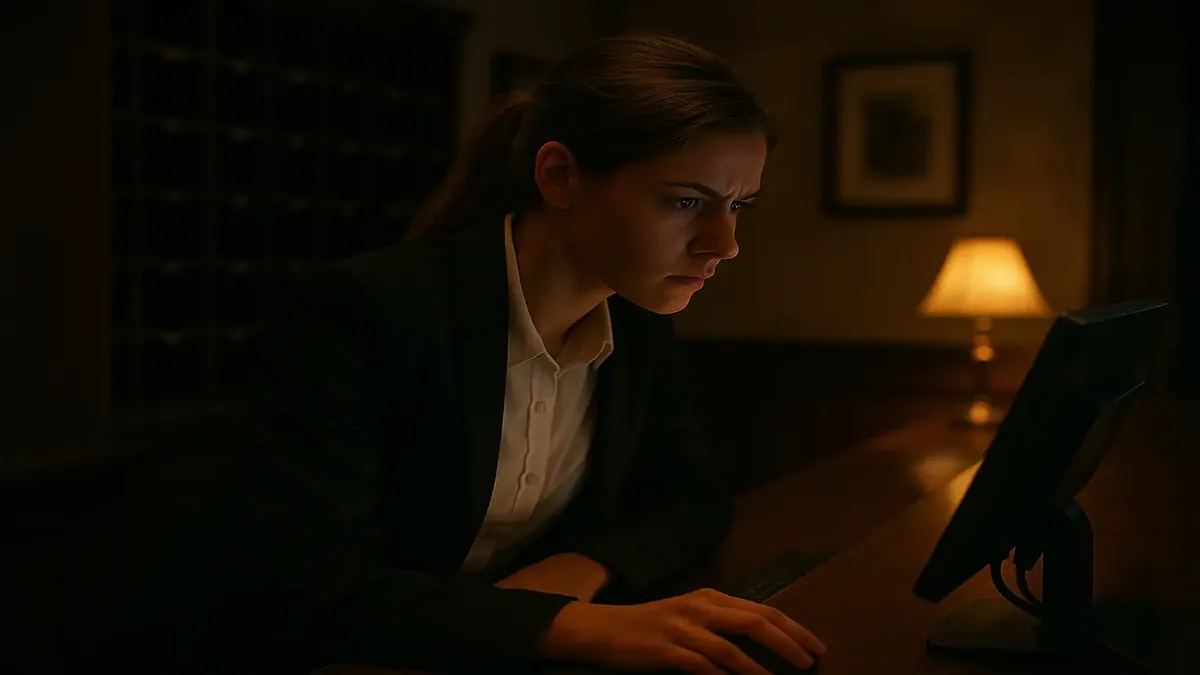 एक पोलिश होटल-रेस्टोरेंट में एक रिसेप्शनिस्ट और उसके बॉस के बीच नकद असंतुलन पर गंभीर मुठभेड़ का दृश्य।