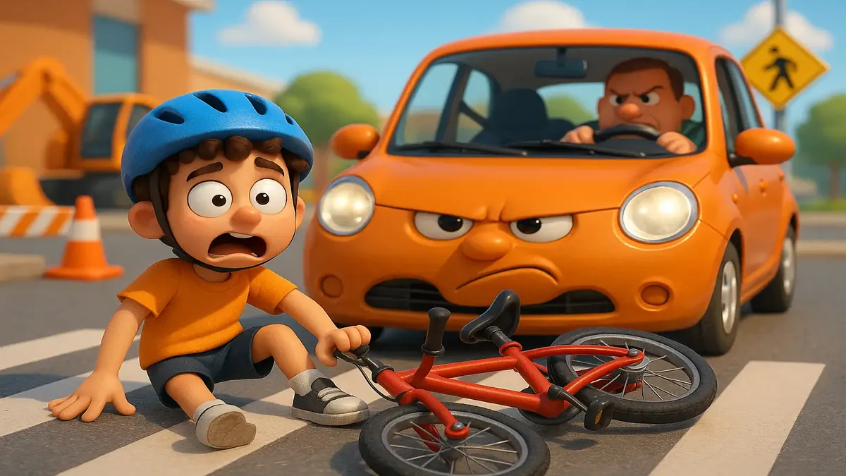 निर्माण के शोर-शराबे में व्यस्त पार्किंग में संतुलन खोता बाइक सवार का कार्टून-3डी चित्रण।