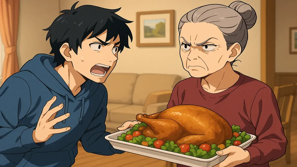 पड़ोसी के साथ थैंक्सगिविंग की गड़बड़ी पर विचार करता एक व्यक्ति, हास्य और यादों को जगाता एनिमे चित्रण।