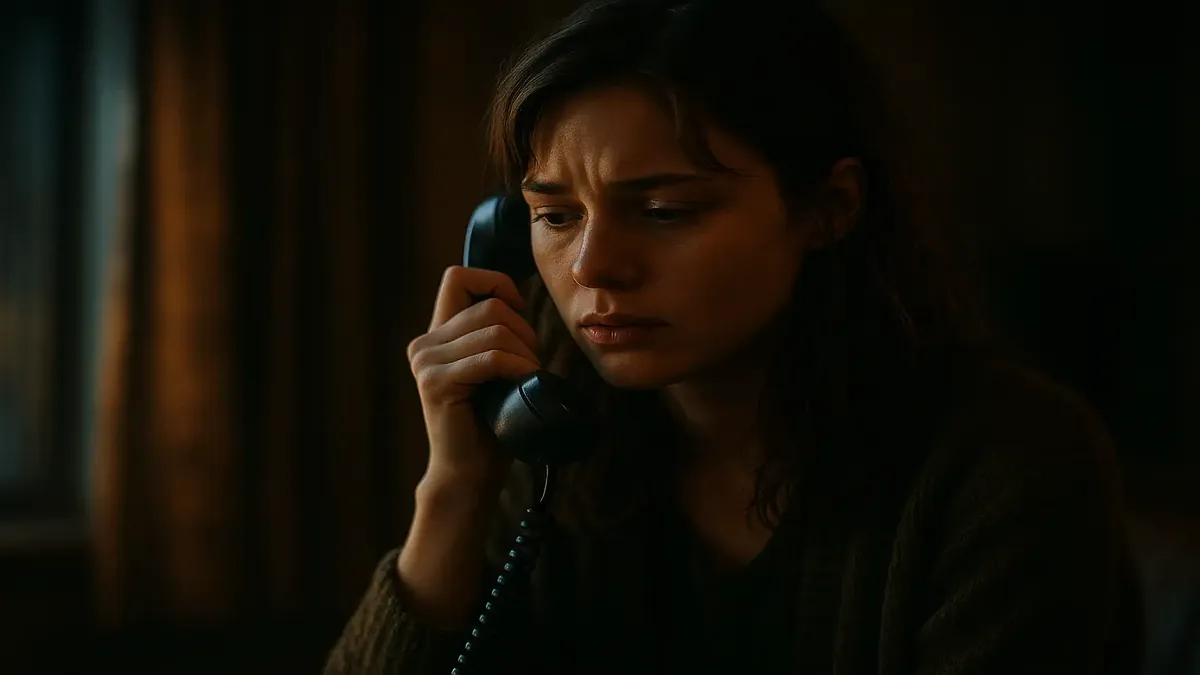 फोन पर distressed महिला, अपने पूर्व के मकान मालिक से दुर्व्यवहार के बारे में सामना कर रही है।