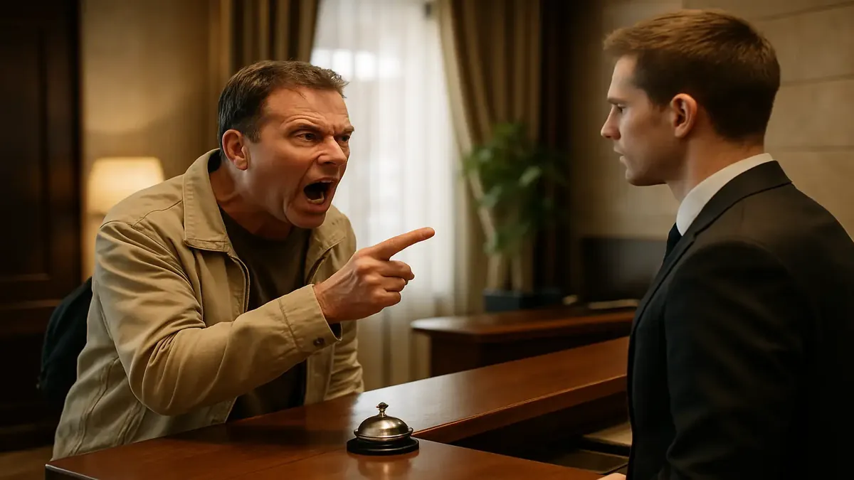 चिढ़े हुए होटल मेहमान का चेक-इन के लिए रिसेप्शन पर इंतज़ार, सामान्य मेहमान अनुभवों को दर्शाता है।