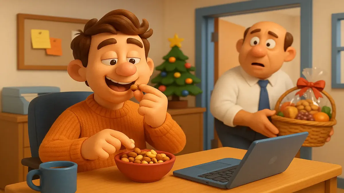 उत्सव कार्यालय दृश्य का कार्टून 3D चित्रण, उपहार की टोकरी और 'अमीर आदमी के नट' पर मजेदार टिप्पणी के साथ।
