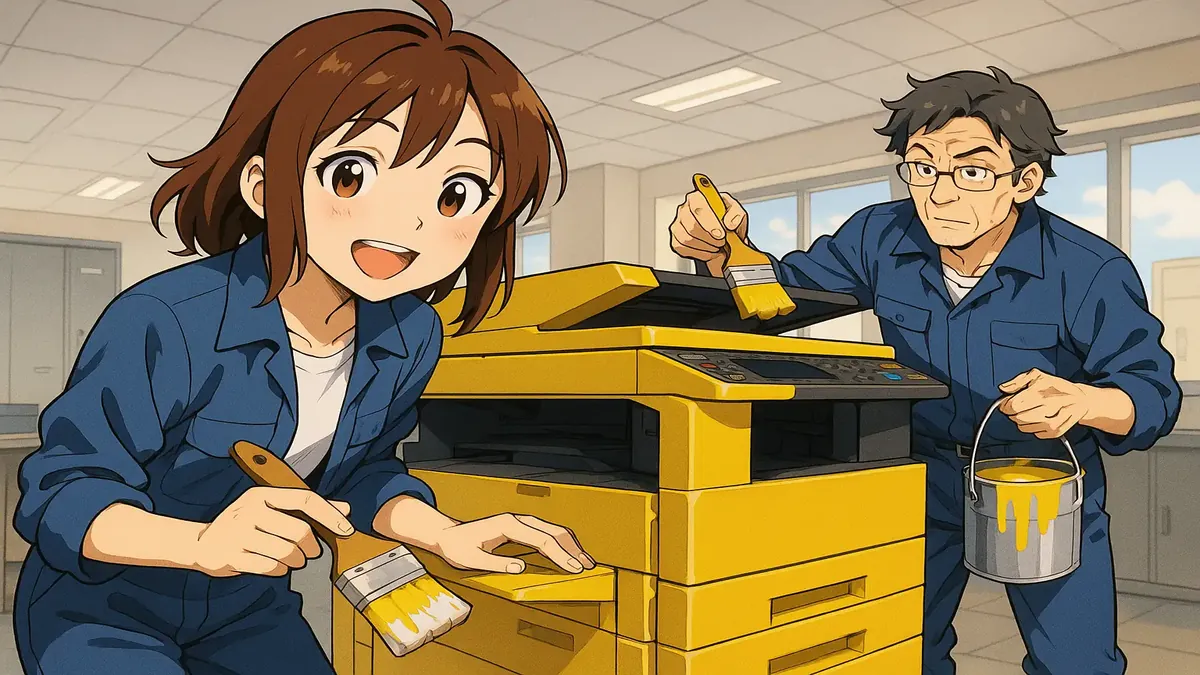एक आनंदित ऑफिस फोटोकॉपी मशीन की एनीमे-शैली की चित्रण, जिसे एक तकनीशियन द्वारा फिर से रंगा जा रहा है।