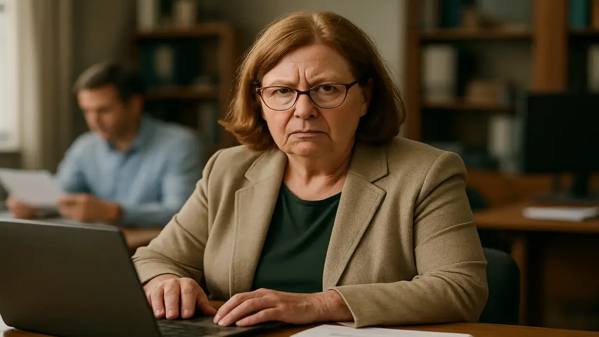 एक टीम की बैठक जिसमें एक कर्मचारियों की चिंता और एक सजग सहकर्मी, कार्यस्थल की गलतियों पर विचार करते हुए।