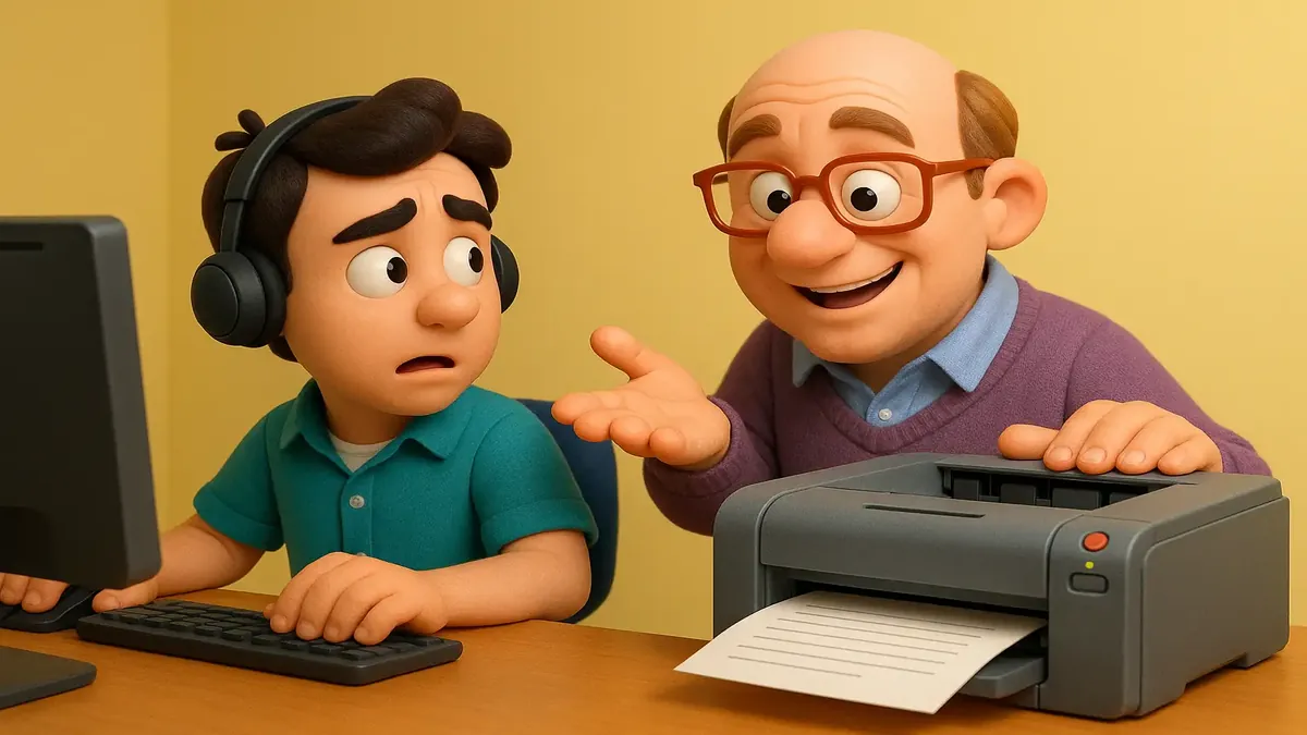 प्रिंटर और समस्याओं से निपटने के लिए तकनीकी सहायता कॉल का कार्टून 3D चित्रण।