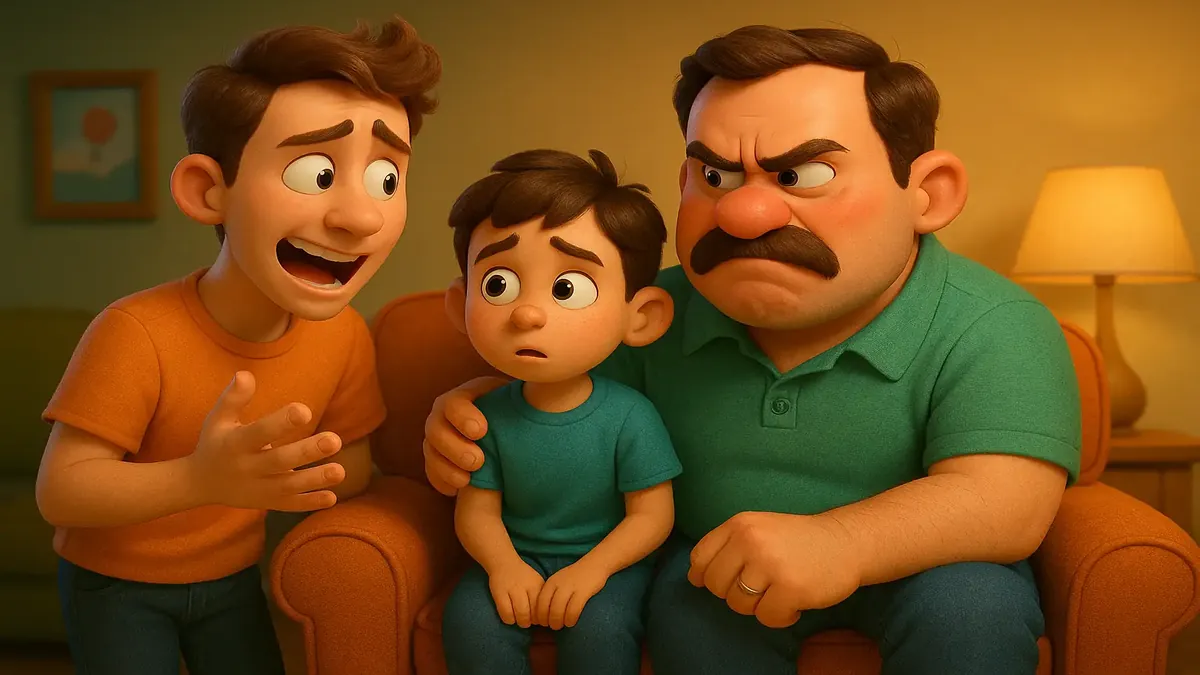 एक पिता अपने बेटे को मजेदार बातचीत करते हुए दिखाते हुए कार्टून-3डी चित्रण।