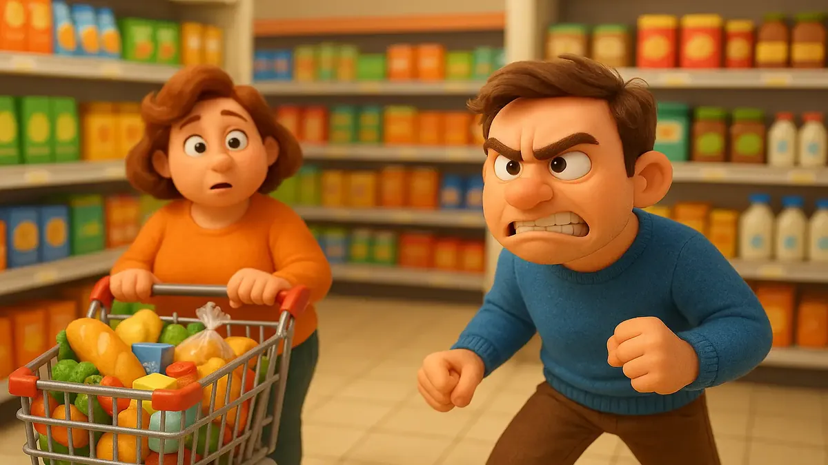 भीड़-भाड़ वाली सुपरमार्केट की गली में खरीदारों और टोकरे के साथ 3D कार्टून चित्रण।