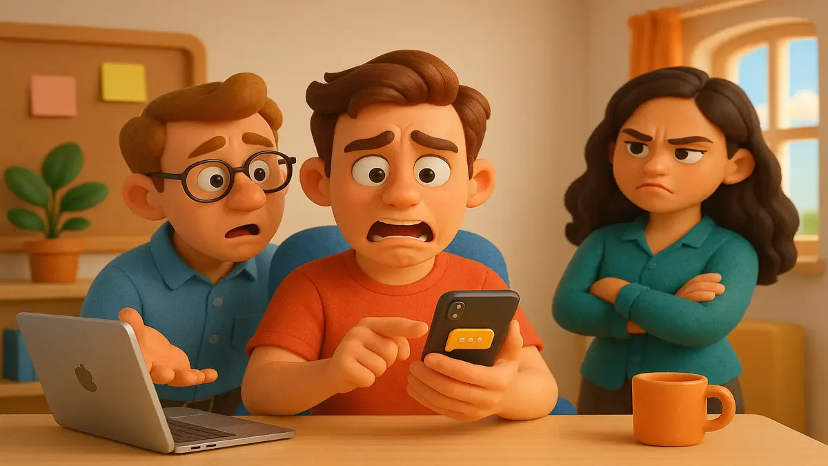 छुट्टियों से पहले तनाव और हास्य दर्शाते इमोजी के साथ समूह चैट का कार्टून-3D चित्रण।