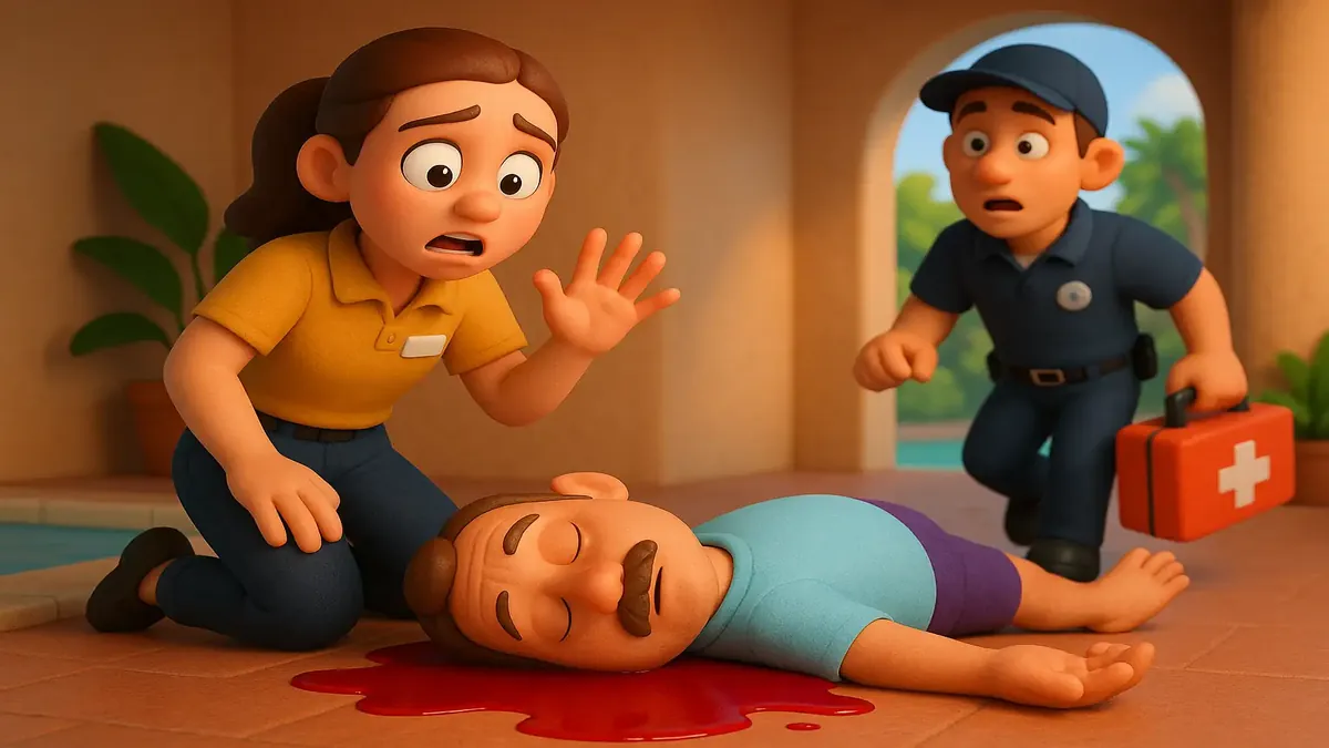 मेहमान का पूल में बेहोश होने का कार्टून 3D चित्रण, दृश्य में अराजकता को दर्शाता है।