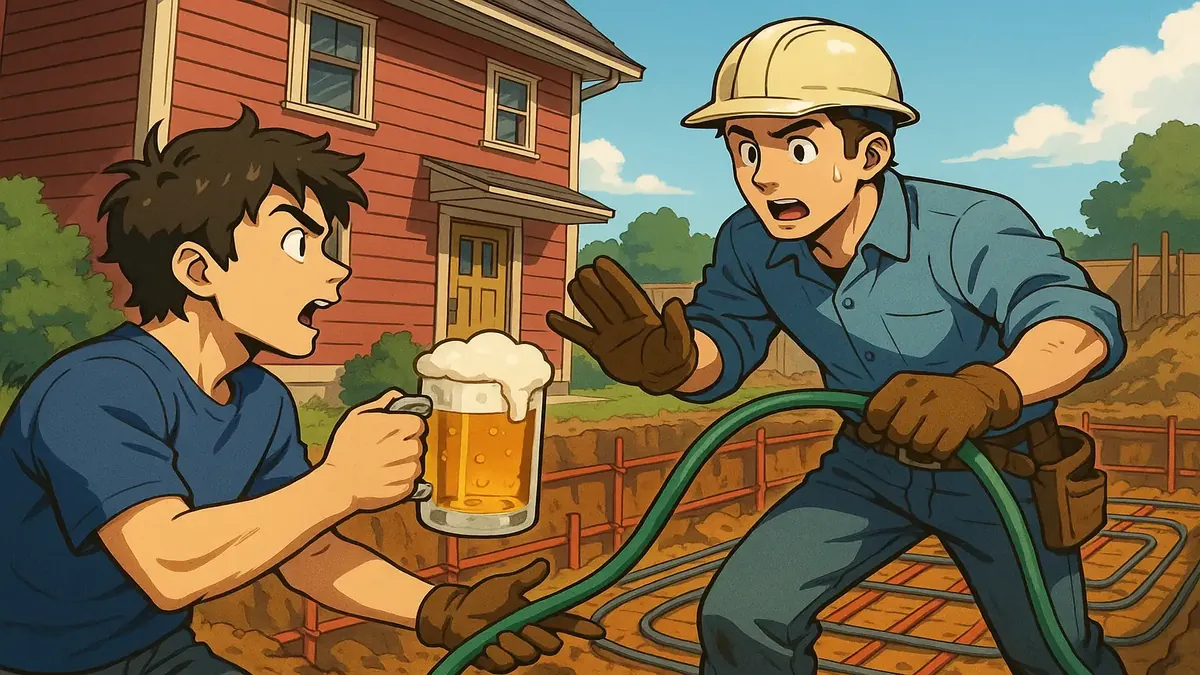 घर के निर्माण के दौरान बाग की नली का उपयोग करने के लिए मित्रवत पड़ोसी का एनीमे चित्रण।