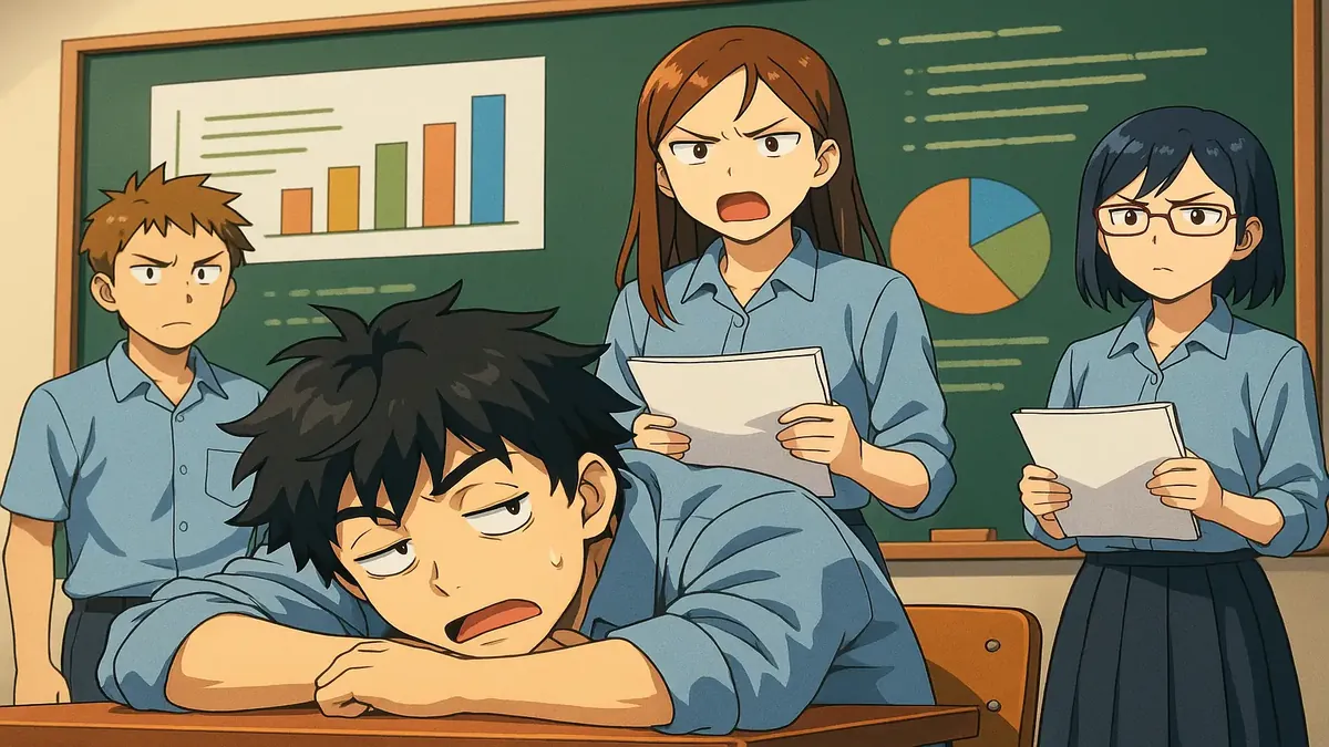 प्रशिक्षण विद्यालय में आलसी समूह सदस्य की एनीमे चित्रण, टीमवर्क की चुनौतियों को दर्शाता है।