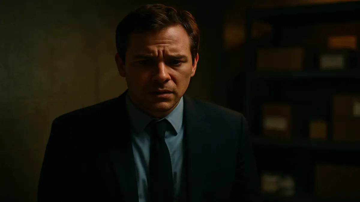 कमजोर रेटिंग वाले होटल के पीछे के कमरे में उलझन में एक होटल कर्मचारी का सिनेमा दृश्य।