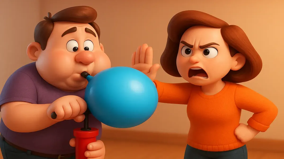 एक मजेदार 3D कार्टून चित्र जिसमें एक अजीब farmhouse है, जिसमें 