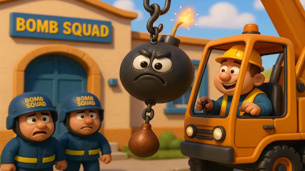 एक कार्टून 3D चित्रण जिसमें क्रेन ऑपरेटर बम निरोधक दस्ते से प्रतिशोध की योजना बना रहा है।