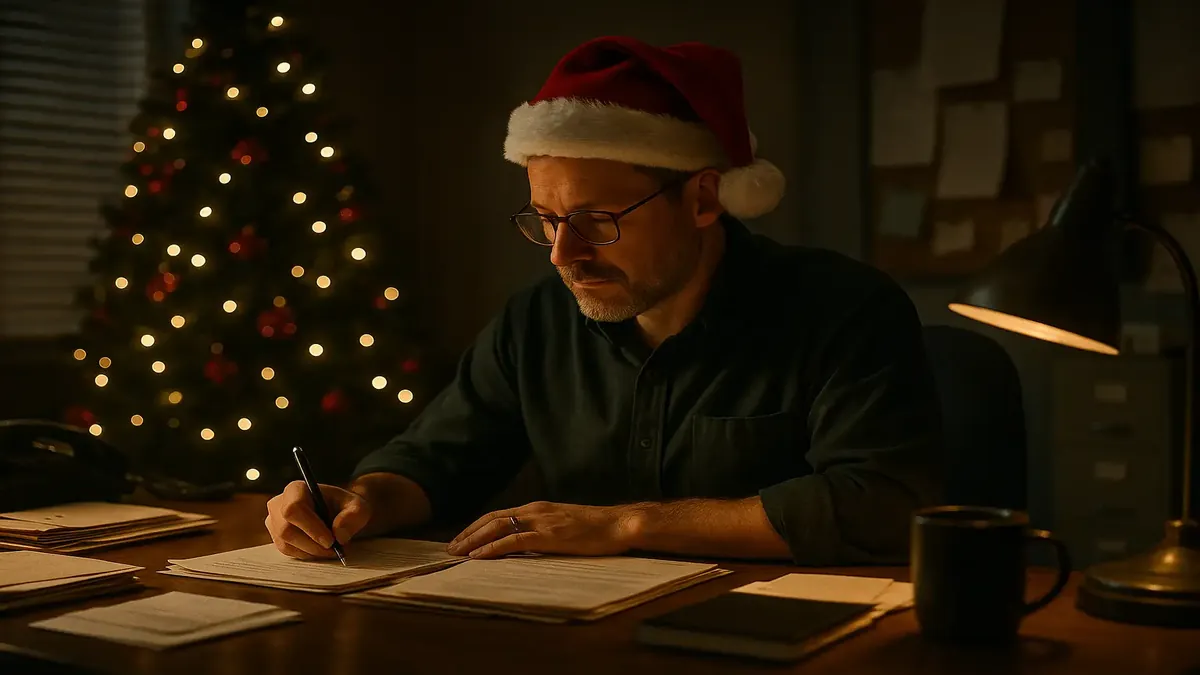 छुट्टियों की सजावट और गर्म कप कॉफी के साथ एक आरामदायक डेस्क सेटअप की सिनेमाई छवि।