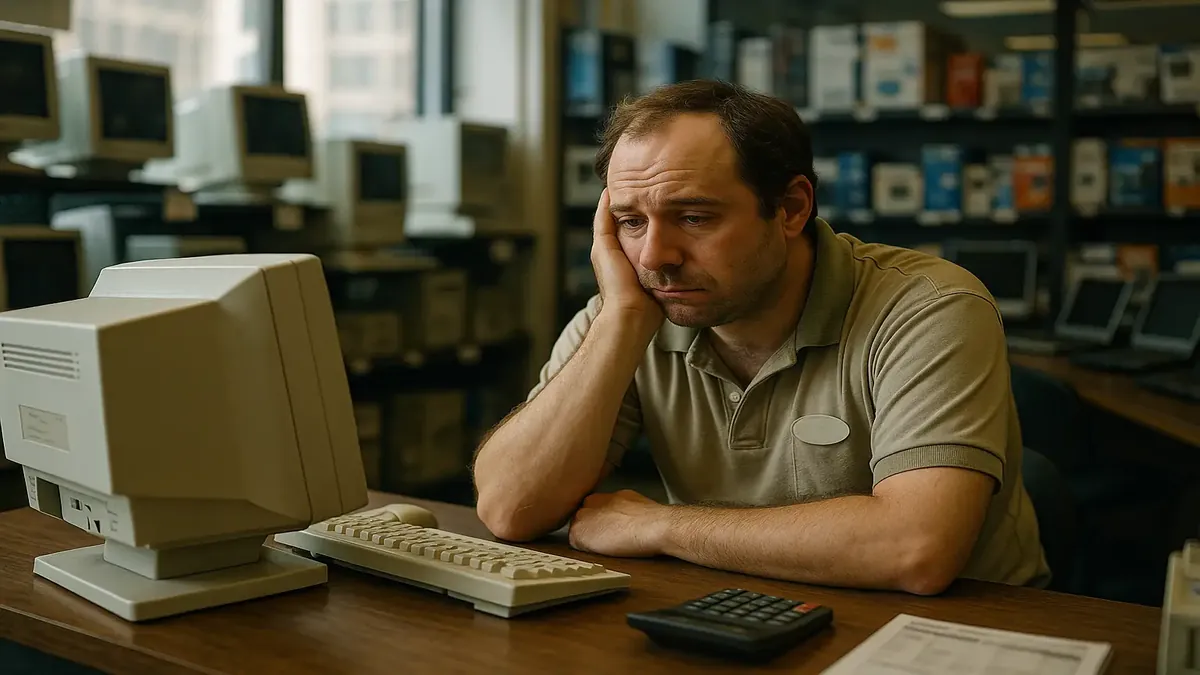 न्यूयॉर्क का एक यादगार कंप्यूटर स्टोर, कमीशन-आधारित बिक्री और लाभ चुनौतियों को दर्शाता है।