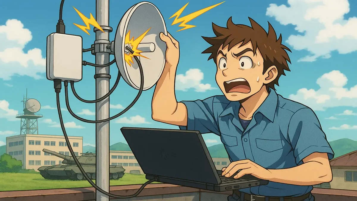 एक परेशान नेटवर्क तकनीशियन की एनिमे-शैली की चित्रण, जो छुट्टी के बाद कनेक्टिविटी समस्याओं का सामना कर रहा है।
