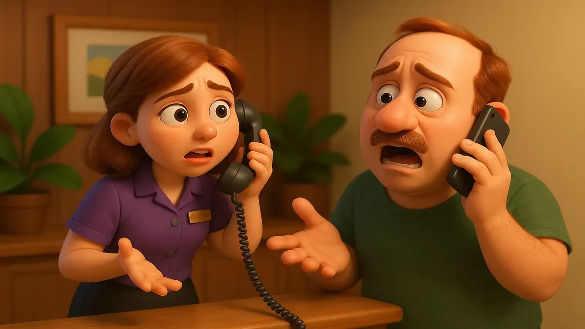 होटल के फ्रंट डेस्क का कार्टून 3D चित्र, मसाज अनुरोधों पर मजेदार बातचीत के साथ।